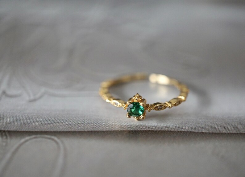 18K Gold Plated Sterling Silver CZ Crystal Simulated Green Emerald Ring, Adjustable Gemstone Ring, Dainty Delicate Ring*R023 * 