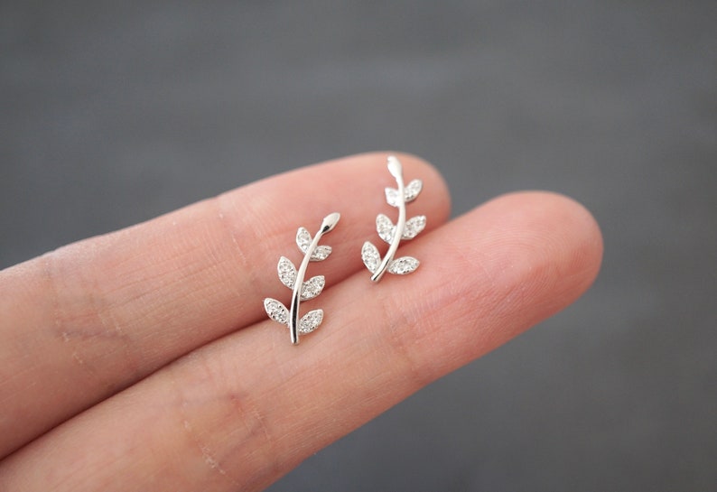 Sterling Silver With CZ Tiny Leaves Stud Earrings - 2 Colours Available, Skinny Olive Leaf Earrings, Modern Sparkling Stud Earrings *B283* 