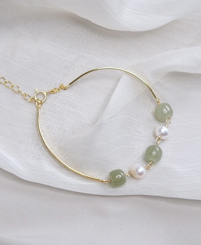 Natural Jade With Baroque Pearl Bracelet 14K Gold Plated 925 - Etsy UK