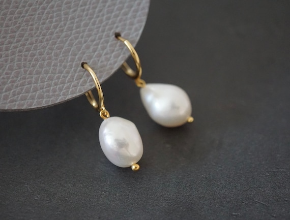 Gift for girlfriend Wedding jewelry CZ silver click hoop earrings Baroque pearl statement earrings Natural pearl dangle earrings