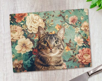 Grey Cat Floral Glass Chopping Board 39x28cm Cat Lover Worktop Saver Tempered Home Decor