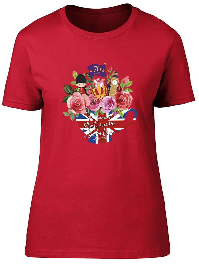 Queen's Platinum Jubilee 1952-2022 Women's Ladies Fitted T-Shirt Cup Floral Royal Guard Street Party, Union Jack, 70 Years, Celebration 