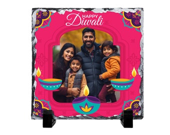 Personalised Photo Happy Diwali Gift Pink Yellow with Divas Custom Rock Slate Gift Present with Stand 15cm x 15cm Square Hindu Jain Sikh