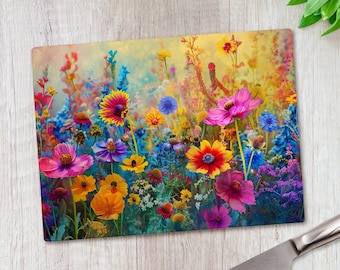 Bright Wildflower Glass Chopping Board 39x28cm Floral Tempered Glass Worktop Saver Kitchen Counter Protection