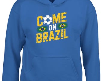 Come On Brazil with Brazilian Flag Football Boys Girls Childrens Hooded Pullover Top World Cup Fan Supporter