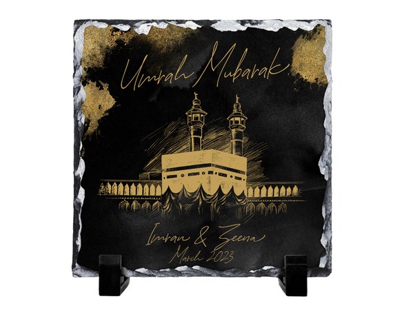 Personalised Umrah Mubarak/Hajj Mubarak Kaaba Rock Slate Photo Gift (15cm Square)
