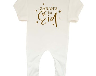 Personalised Zarah's 1st Eid Black or Gold Text Gold Happy Eid Baby Boys Girls Romper Sleepsuit Outfit Gift Islam Muslim Ramadan