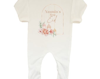 Yasmin's First Eid Rose Gold Floral Design Baby Boys and Girls Romper Sleepsuit Islam Muslim Ramadan Iftar Gift Present