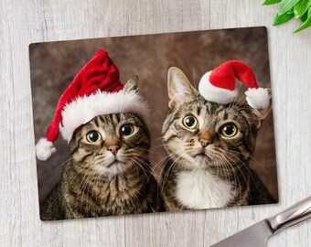 2 Joyful Cats Christmas Glass Chopping Board Santa Hats Tempered Kitchen Worktop Gift