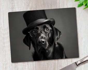 Black Labrador Dog Top Hat Glasses Chopping Board Tempered Kitchen Worktop Pet Lover Gift