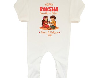 Personalised Happy Raksha Bandhan Bhai Rani & Rohan 2026 Baby Romper Hindu Keepsake Gift