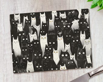 Black and White Cats Illustration Glass Chopping Board – 39cm x 28cm