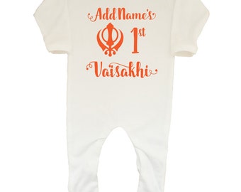 Personalised Orange My 1st Vaisakhi Orange Khanda Baby Boys Girls Baby Romper Sleepsuit