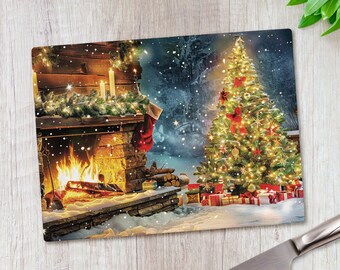 Christmas Fireplace Glass Chopping Board Present Snowflakes Festive Kitchen Worktop Saver 39x28cm Gift