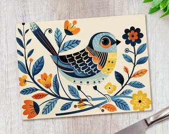 Retro Scandinavian Blue Bird Floral Glass Chopping Board 39x28cm Kitchen Worktop Nordic Decor Gift