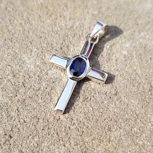 Natural Blue Sapphire 92.5 % Silver Cross Pendant, Sapphire Cross Pendant, Gift For September, Gift For Her & Him ,Beautiful Cross Pendant