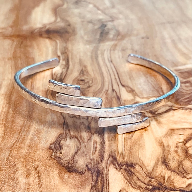 Minimalist Geometric Tribal Handmade Hammered Silver Cuff Bracelet Bohemian Stackable Cuff