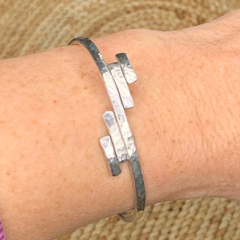 Minimalist Geometric Tribal Handmade Hammered Silver Cuff Bracelet Bohemian Stackable Cuff