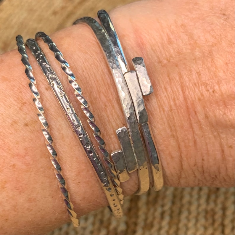 Minimalist Geometric Tribal Handmade Hammered Silver Cuff Bracelet Bohemian Stackable Cuff