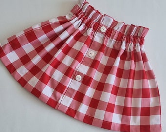 Red Gingham Paperbag Baby Girl Toddler Skirt, Christmas Outfit, Christmas Skirt