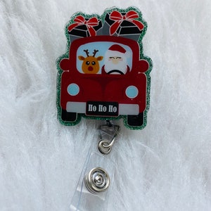 Santas red truck  badge reel