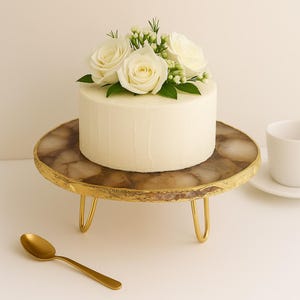 Gold Brown Agate Cake Stand - Personalized Display Round Cake Stand - Rustic Wedding Decor - Dessert Stand - Bridal Shower Gift
