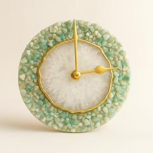 6&quot;  Diameter Light Green Crystal with White Agate Wall Clock, Decorative Clock,Large wall clock for living room