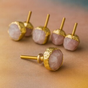 Set of 6 Rose Quartz Knobs – Crystal Cabinet Drawer Pulls – Pink Stone Wardrobe Dresser Handles – Decorative Home Hardware