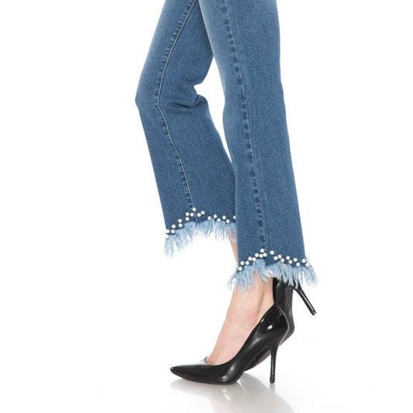 Womens Studded Slim Denim Cropped Flare Frayed Pearl Embellished Hem