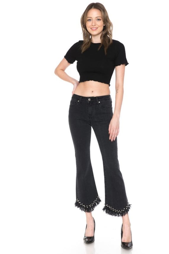 Womens Studded Slim Denim Cropped Flare Frayed Pearl