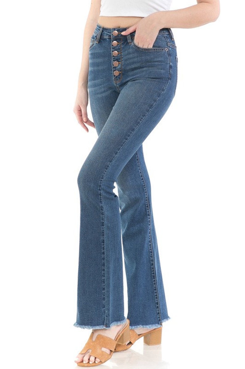 Women's High Rise Button Fly Flare Stretchy Denim Flared Etsy