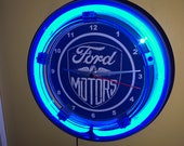 Ford OldLogo FoMoCo Motors Auto Mechanic Garage Bar Advertising Man Cave Blue Neon Wall Clock Sign