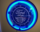 Ford OldLogo FoMoCo Motors Auto Mechanic Garage Bar Advertising Man Cave Blue Neon Wall Clock Sign