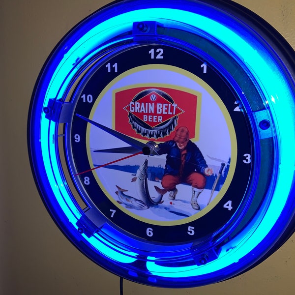 Grain Belt Ice Fishing Beer Bar Publicidad Man Cave Blue Neon Wall Clock Sign