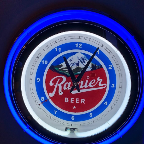 Rainier Washington Beer Bar Advertising Man Cave BLUE Neon Wall Clock Sign