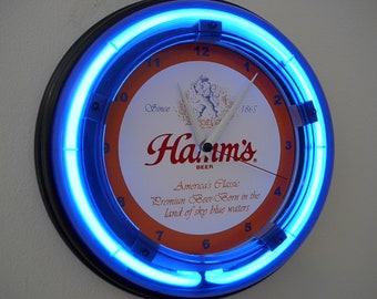 Hamm's Beer Bar Advertising Man Cave Blue Neon Wall Clock Sign