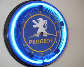 Peugeot Motors Auto Mechanic Garage Bar Advertising Man Cave Blue Neon Wall Clock Sign