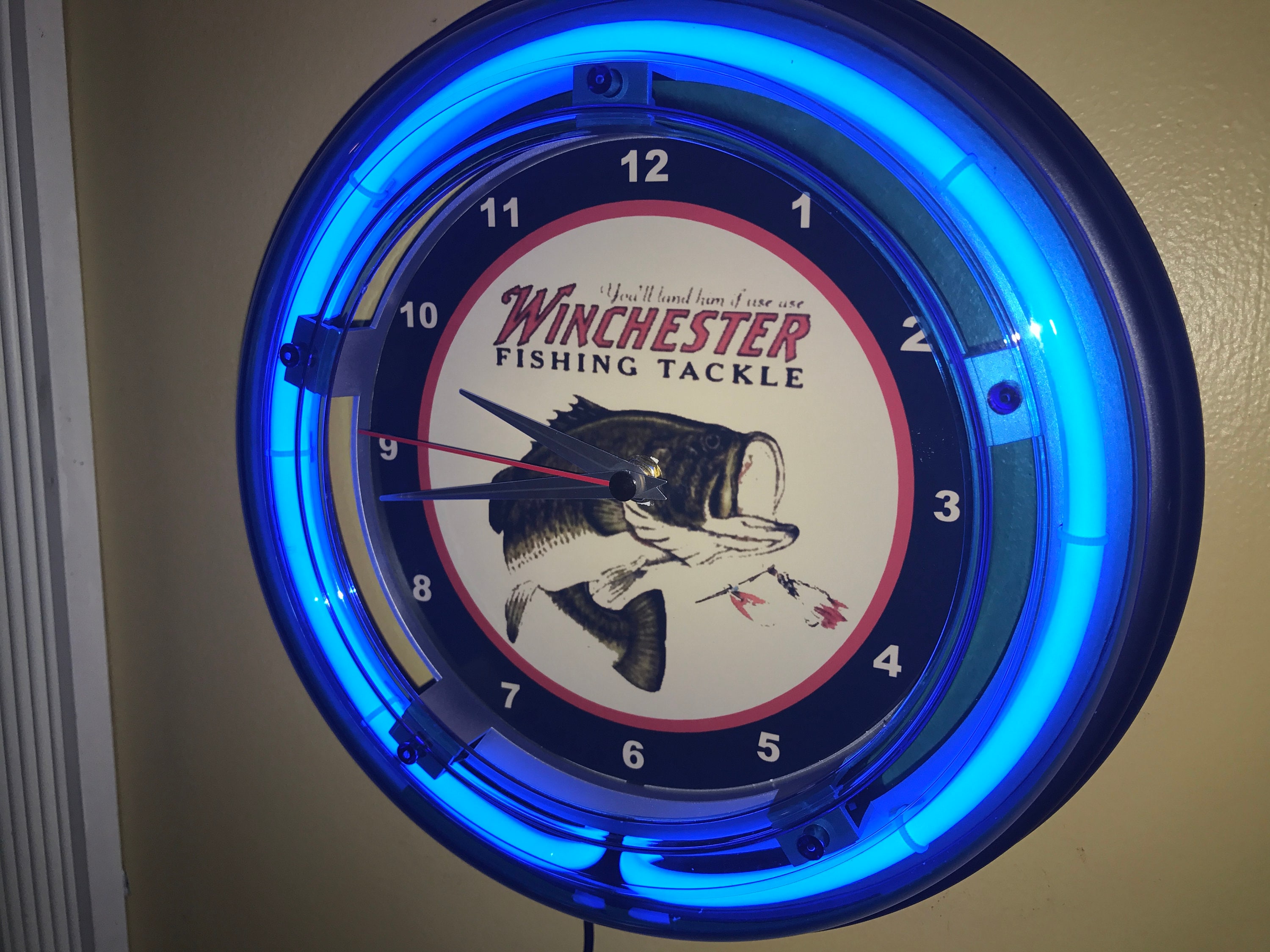 Winchester Tackle Fishing Lure Bait Shop Garage Bar Advertising Man Cave  Blue Neon Wall Clock Sign