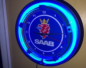 Saab Logo Dealership Motors Auto Mechanic Garage Bar Advertising Man Cave Blue Neon Wall Clock Sign