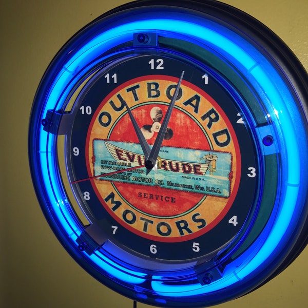 Evinrude OldLogo hors-bord Bateau de pêche Moteur Garage Bar Publicité Homme Cave Bleu Néon Horloge Murale Signe