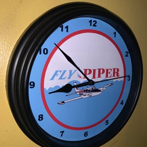 Fly Piper Aircraft Airplane Pilot Hangar Bar Garage Advertising Man Cave Wall Clock Sign