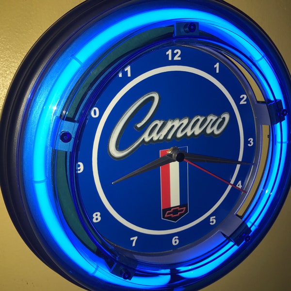 Chevy Camaro Motors Auto Mechanic Garage Bar Advertising Man Cave Blue Neon Wall Clock Sign