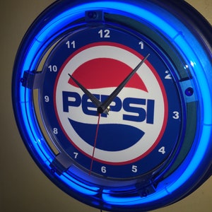 Pepsi Cola 80&#39;s Logo Soda Fountain Diner Bar Advertising Man Cave Blue Neon Wall Clock Sign