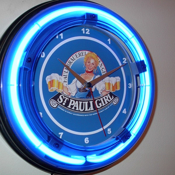 St. Pauli Girl Beer Bar Advertising Man Cave Blue Neon Wall Clock Sign