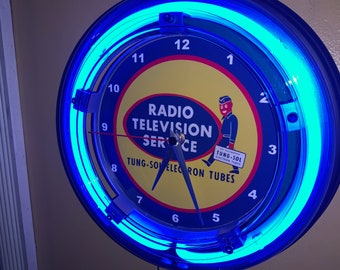 Tung Sol TV Radio Tubes Service Repairman Store Bar Advertising Man Cave Blue Neon Wall Clock Sign