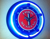 Ford Mustang FoMoCo Motors Auto Mechanic Garage Bar Advertising Man Cave Blue Neon Wall Clock Sign