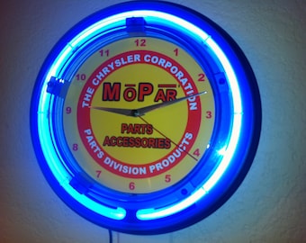 Mopar OldLogo Hemi Motors Auto Mechanic Garage Bar Advertising Man Cave Blue Neon Wall Clock Sign