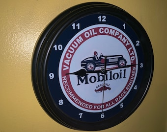 Mobil Race Car Motor Oil Gas Service Station Mechanic Garage Bar Advertising Man Cave Wall Clock Sign