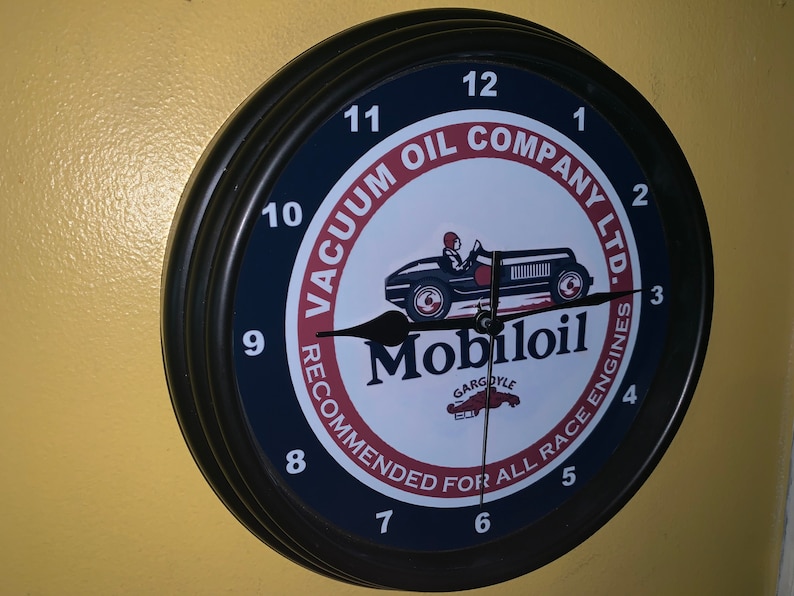 Mobil Race Car Motor Oil Gas Service Station Mechanic Garage Bar Advertising Man Cave Wall Clock Sign image 1