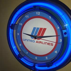 United Airlines Airport Terminal Pilot Airplane Stewardess Bar Advertising Man Cave Blue Neon Wall Clock Sign